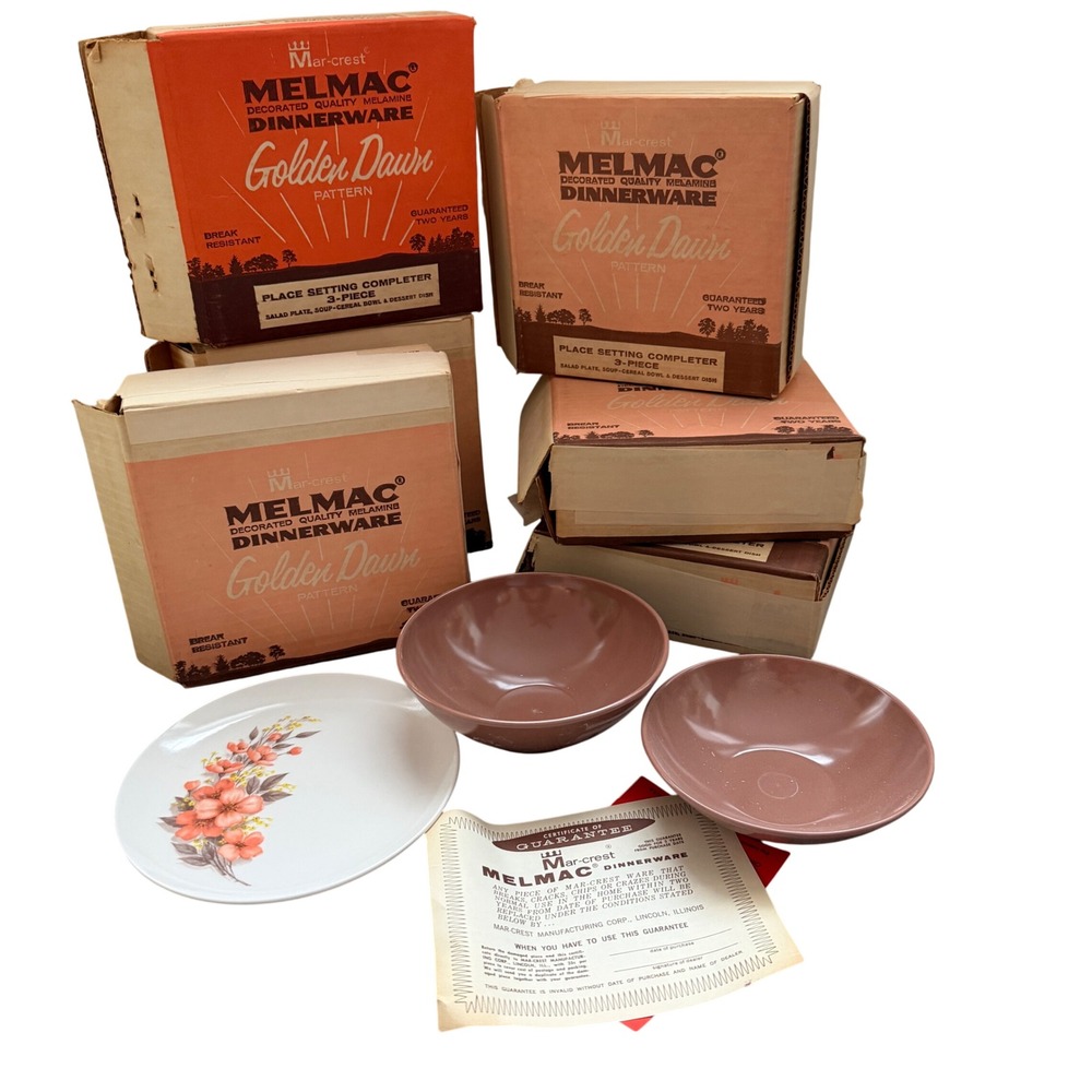 Melmac 6 Boxes of 3 Piece Completer Sets Golden Dawn Pink Floral MCM Vintage